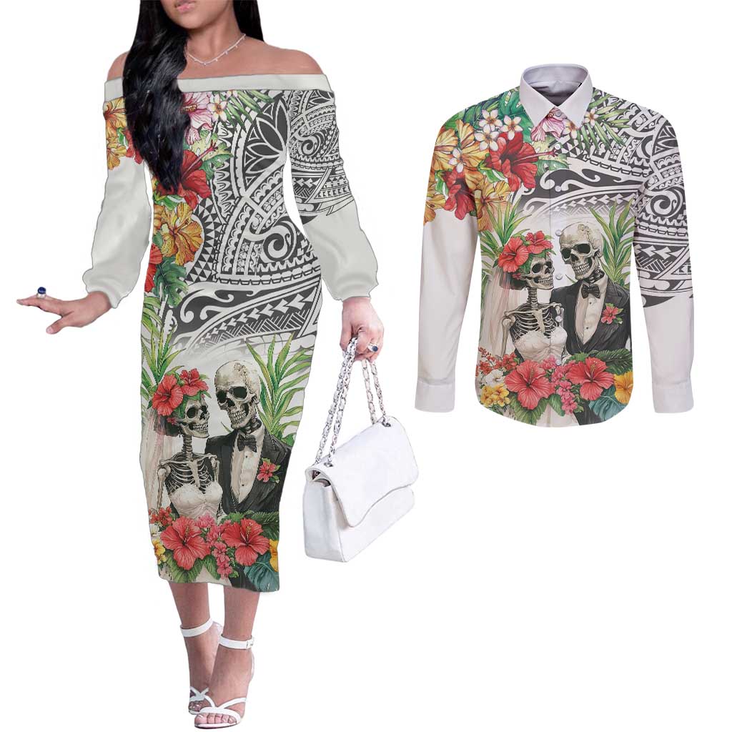 Skeleton Love for Valentines Day Couples Matching Off The Shoulder Long Sleeve Dress and Long Sleeve Button Shirt Polynesian Tribal Love Forever LT9 White - Polynesian Pride