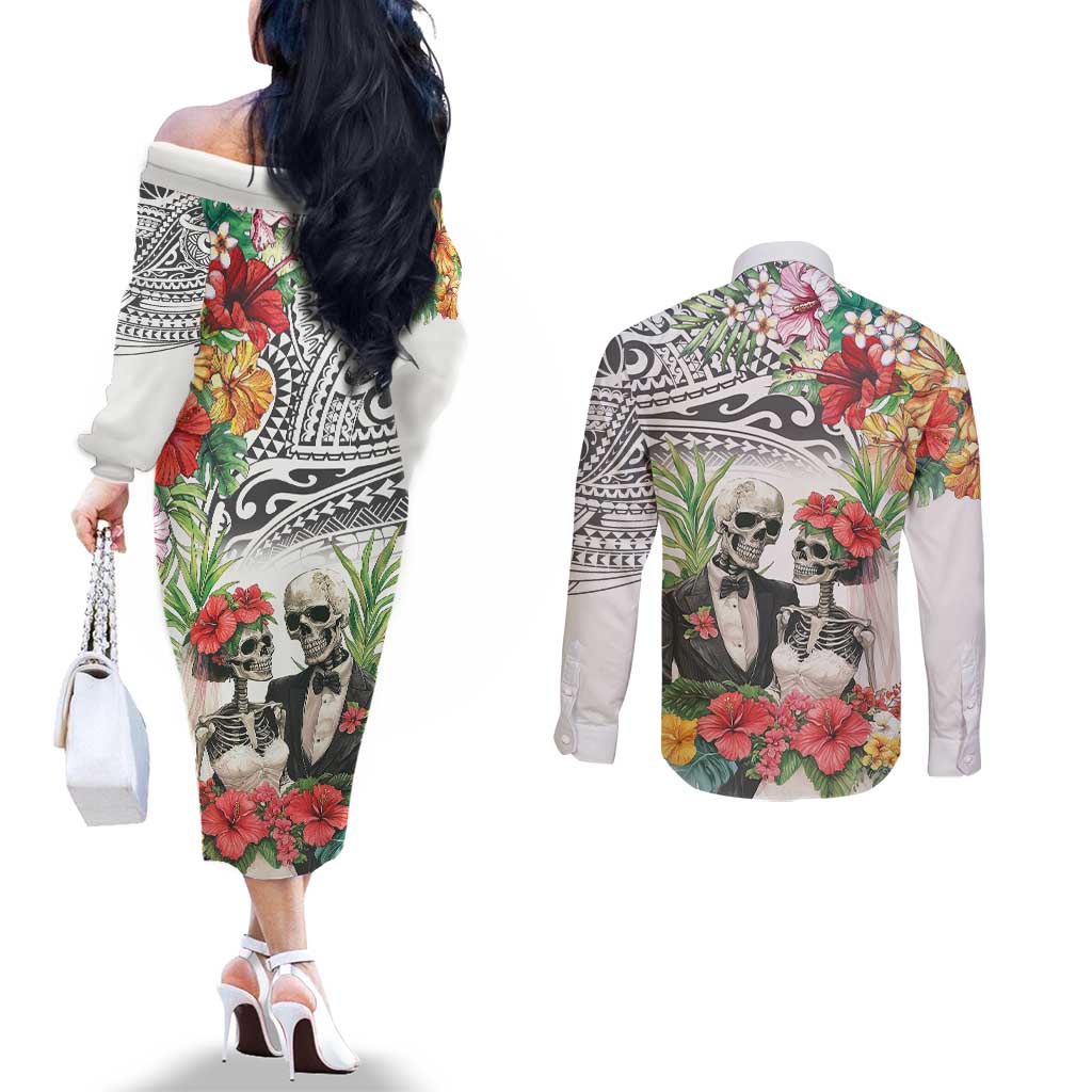 Skeleton Love for Valentines Day Couples Matching Off The Shoulder Long Sleeve Dress and Long Sleeve Button Shirt Polynesian Tribal Love Forever LT9 - Polynesian Pride