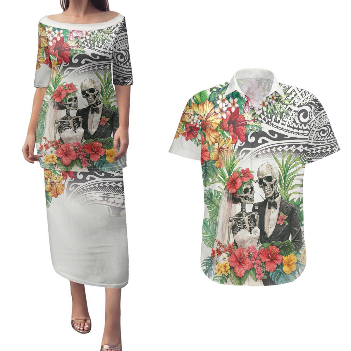 Skeleton Love for Valentines Day Couples Matching Puletasi and Hawaiian Shirt Polynesian Tribal Love Forever LT9 White - Polynesian Pride