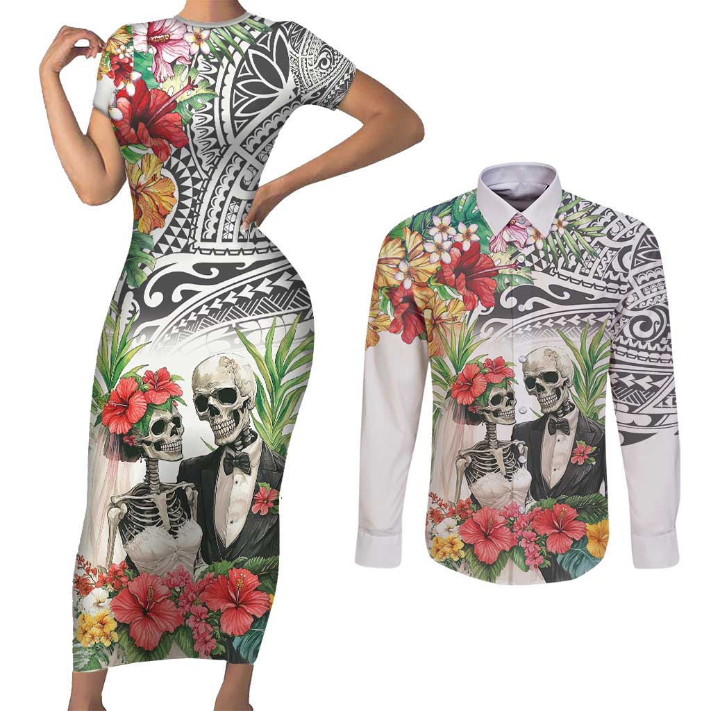 Skeleton Love for Valentines Day Couples Matching Short Sleeve Bodycon Dress and Long Sleeve Button Shirt Polynesian Tribal Love Forever LT9 White - Polynesian Pride