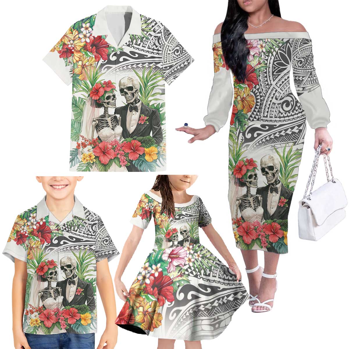 Skeleton Love for Valentine’s Day Family Matching Off The Shoulder Long Sleeve Dress and Hawaiian Shirt Polynesian Tribal Love Forever