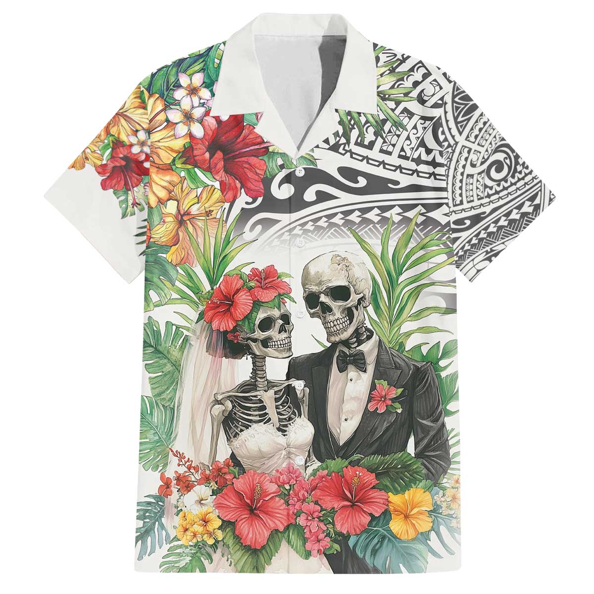Skeleton Love for Valentine’s Day Family Matching Off The Shoulder Long Sleeve Dress and Hawaiian Shirt Polynesian Tribal Love Forever