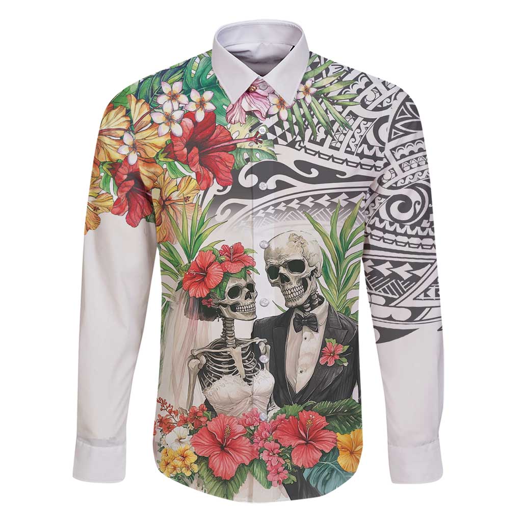 Skeleton Love for Valentines Day Family Matching Off Shoulder Short Dress and Hawaiian Shirt Polynesian Tribal Love Forever LT9 Dad's Shirt - Long Sleeve White - Polynesian Pride
