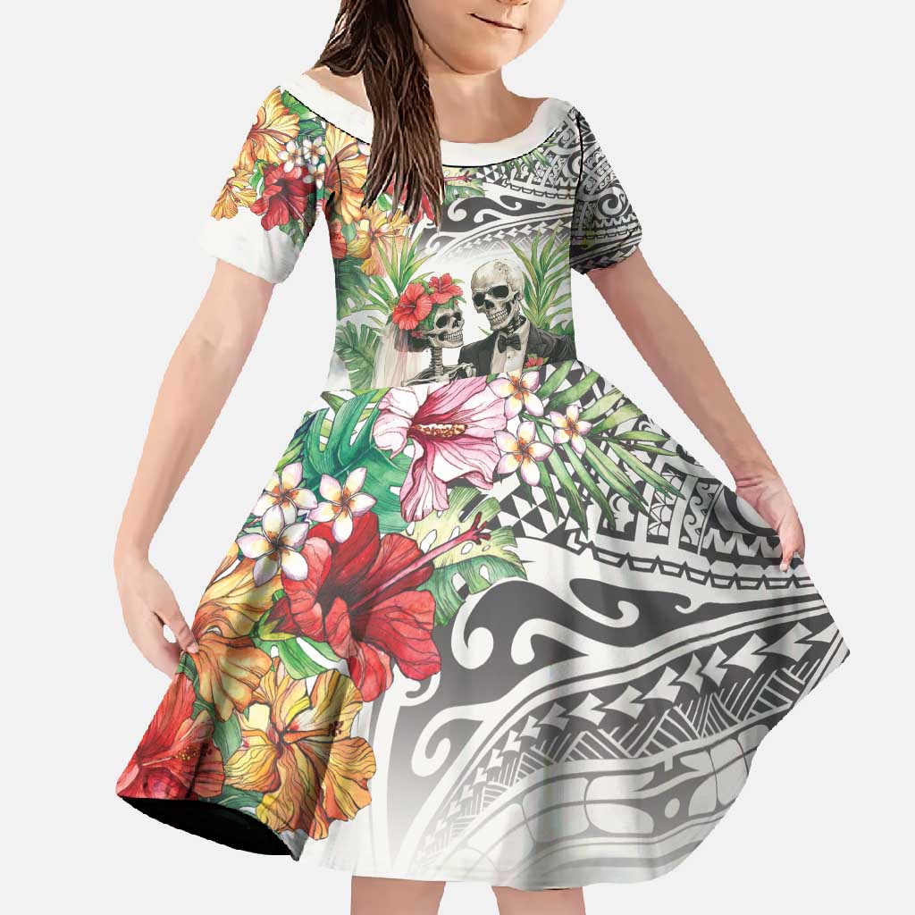 Skeleton Love for Valentines Day Family Matching Summer Maxi Dress and Hawaiian Shirt Polynesian Tribal Love Forever LT9 Daughter's Dress White - Polynesian Pride