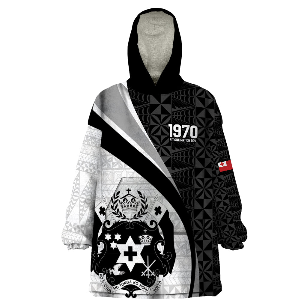 Personalised Tonga Emancipation Day Wearable Blanket Hoodie Since 1970 Ngatu Tribal Pattern LT9 One Size Black - Polynesian Pride