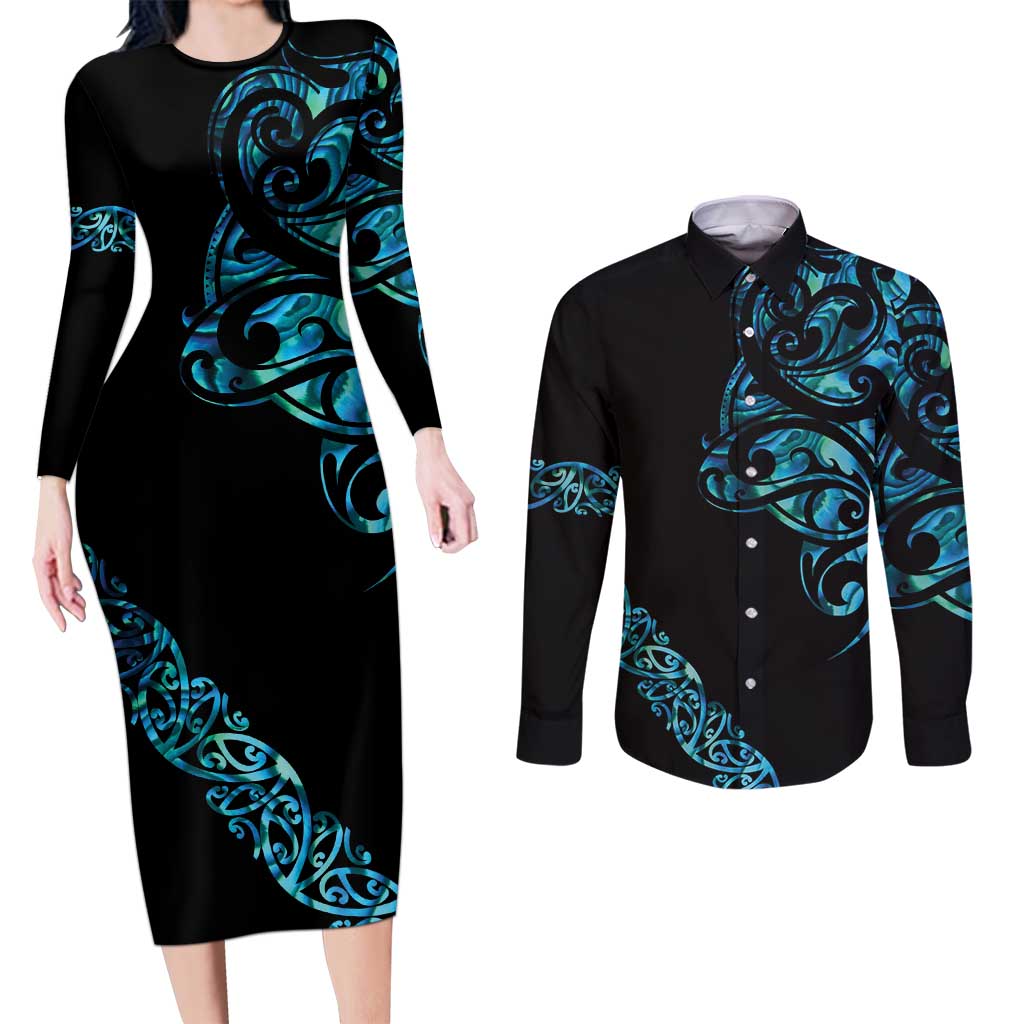 All Black Maori Tribal Tattoo Personalised Couples Matching Long Sleeve Bodycon Dress and Long Sleeve Button Shirt Polynesian Style LT9 Black - Polynesian Pride