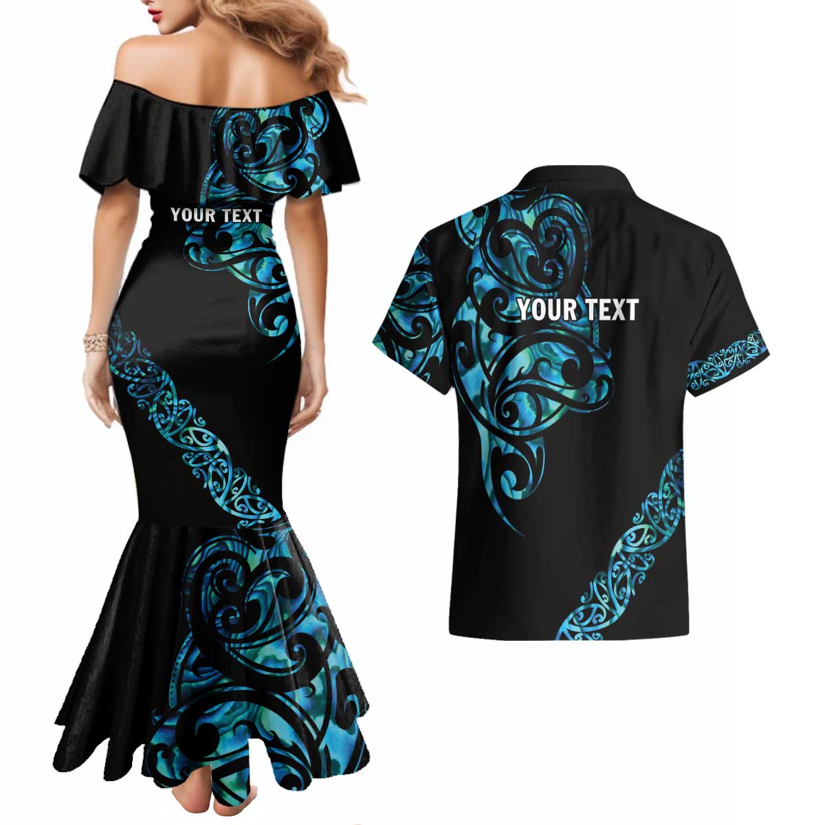 All Black Maori Tribal Tattoo Personalised Couples Matching Mermaid Dress and Hawaiian Shirt Polynesian Style