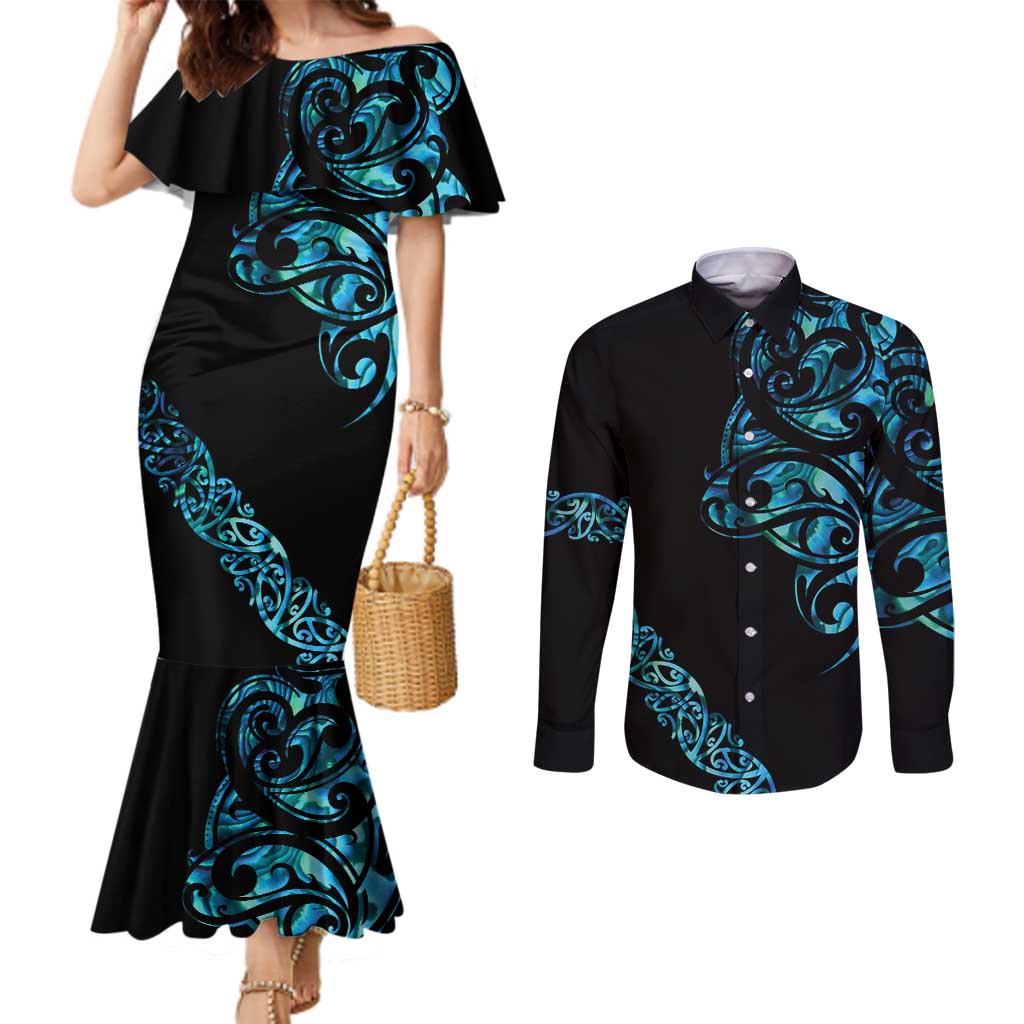 All Black Maori Tribal Tattoo Personalised Couples Matching Mermaid Dress and Long Sleeve Button Shirt Polynesian Style LT9 Black - Polynesian Pride