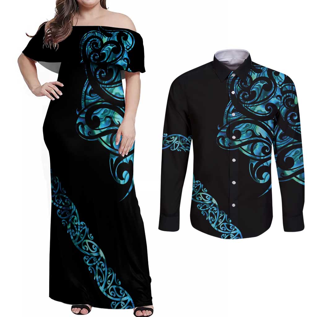 All Black Maori Tribal Tattoo Personalised Couples Matching Off Shoulder Maxi Dress and Long Sleeve Button Shirt Polynesian Style