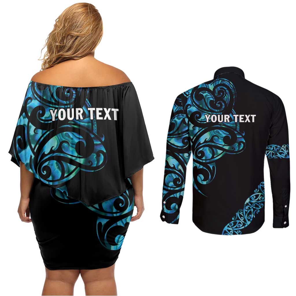 All Black Maori Tribal Tattoo Personalised Couples Matching Off Shoulder Short Dress and Long Sleeve Button Shirt Polynesian Style LT9 - Polynesian Pride