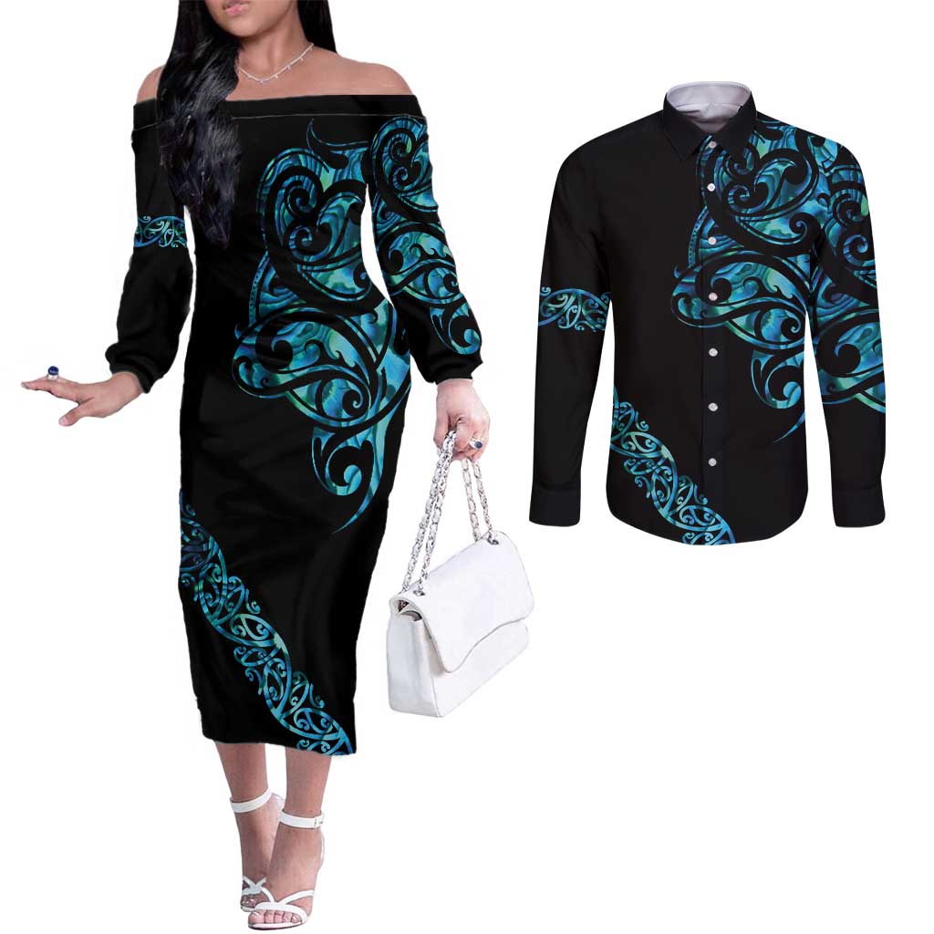 All Black Maori Tribal Tattoo Personalised Couples Matching Off The Shoulder Long Sleeve Dress and Long Sleeve Button Shirt Polynesian Style