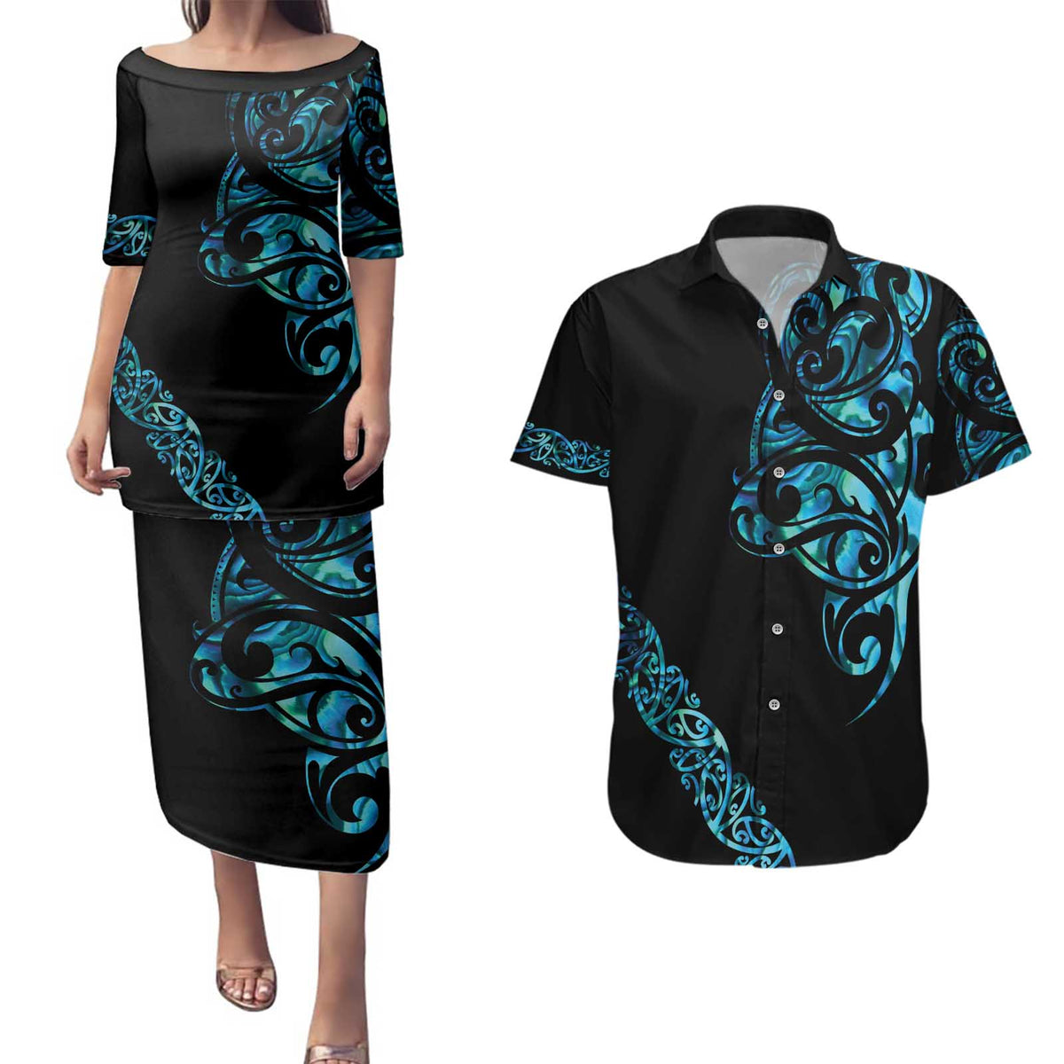 All Black Maori Tribal Tattoo Personalised Couples Matching Puletasi and Hawaiian Shirt Polynesian Style