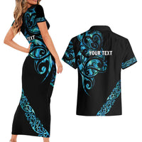 All Black Maori Tribal Tattoo Personalised Couples Matching Short Sleeve Bodycon Dress and Hawaiian Shirt Polynesian Style