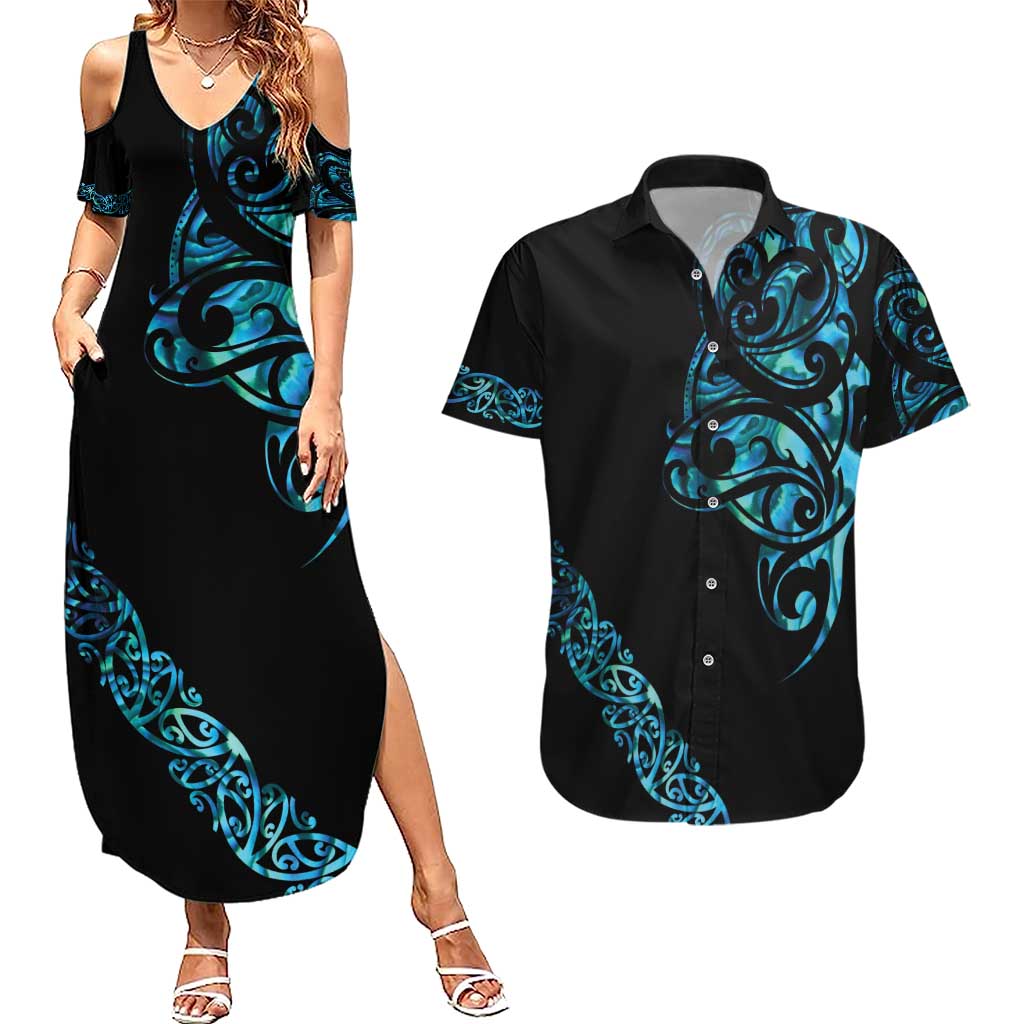 All Black Maori Tribal Tattoo Personalised Couples Matching Summer Maxi Dress and Hawaiian Shirt Polynesian Style