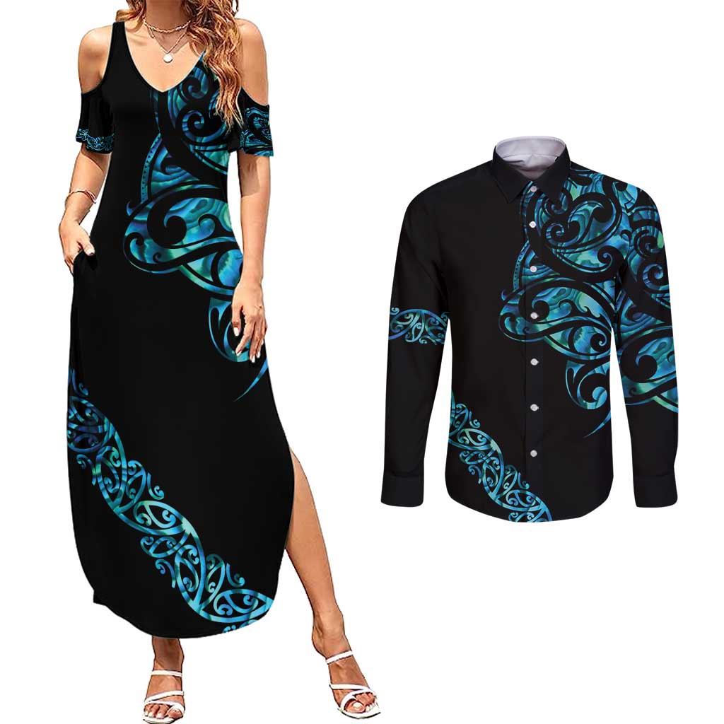 All Black Maori Tribal Tattoo Personalised Couples Matching Summer Maxi Dress and Long Sleeve Button Shirt Polynesian Style LT9 Black - Polynesian Pride