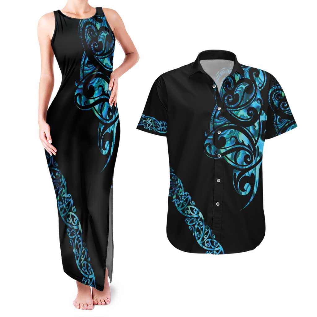 All Black Maori Tribal Tattoo Personalised Couples Matching Tank Maxi Dress and Hawaiian Shirt Polynesian Style