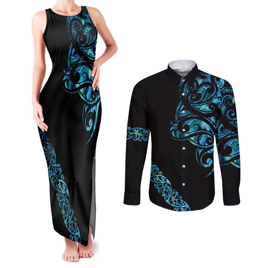 All Black Maori Tribal Tattoo Personalised Couples Matching Tank Maxi Dress and Long Sleeve Button Shirt Polynesian Style