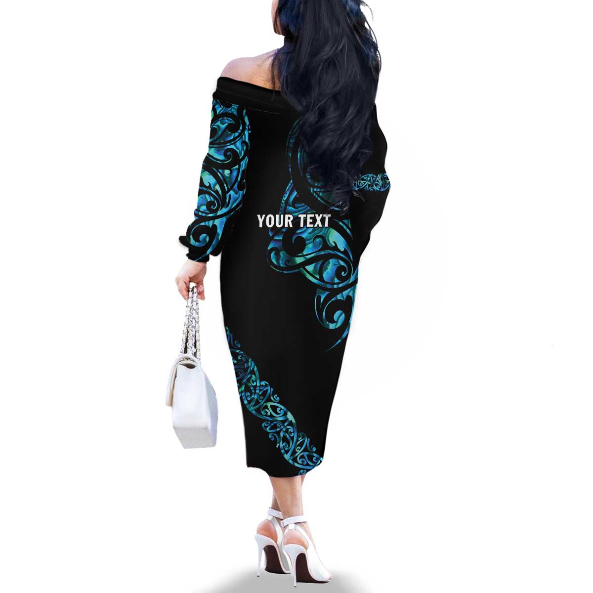 All Black Maori Tribal Tattoo Personalised Family Matching Off The Shoulder Long Sleeve Dress and Hawaiian Shirt Polynesian Style