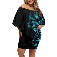 All Black Maori Tribal Tattoo Personalised Family Matching Off Shoulder Short Dress and Hawaiian Shirt Polynesian Style