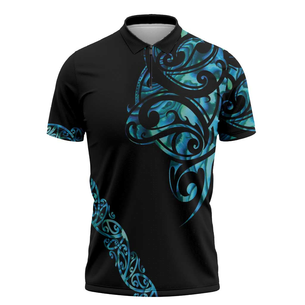 All Black Maori Tribal Tattoo Personalised Zipper Polo Shirt Polynesian Style - Polynesian Pride