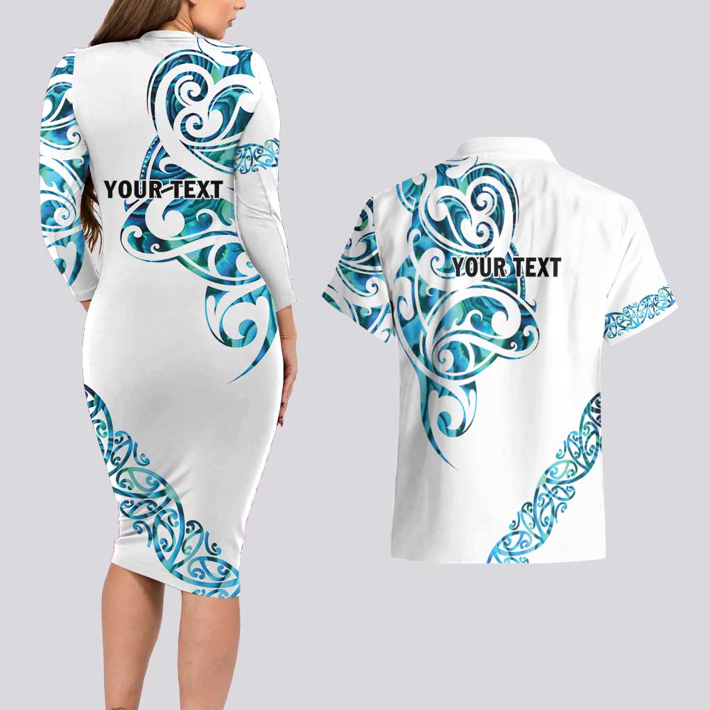 All White Maori Tribal Tattoo Personalised Couples Matching Long Sleeve Bodycon Dress and Hawaiian Shirt Polynesian Style