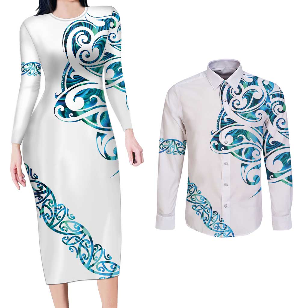 All White Maori Tribal Tattoo Personalised Couples Matching Long Sleeve Bodycon Dress and Long Sleeve Button Shirt Polynesian Style LT9 White - Polynesian Pride