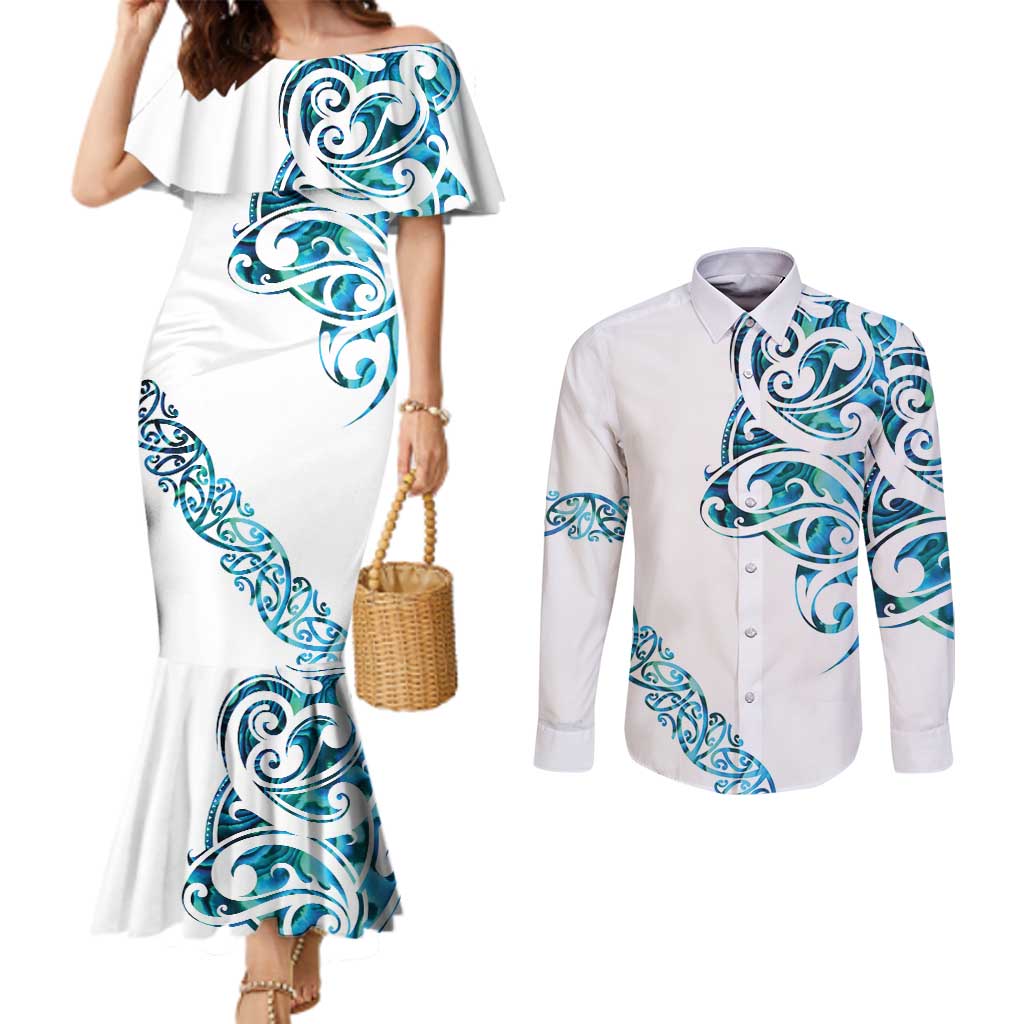 All White Maori Tribal Tattoo Personalised Couples Matching Mermaid Dress and Long Sleeve Button Shirt Polynesian Style LT9 White - Polynesian Pride