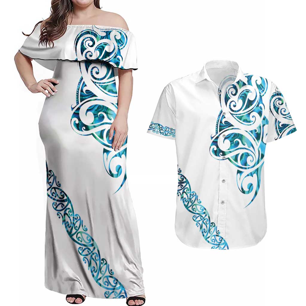 All White Maori Tribal Tattoo Personalised Couples Matching Off Shoulder Maxi Dress and Hawaiian Shirt Polynesian Style