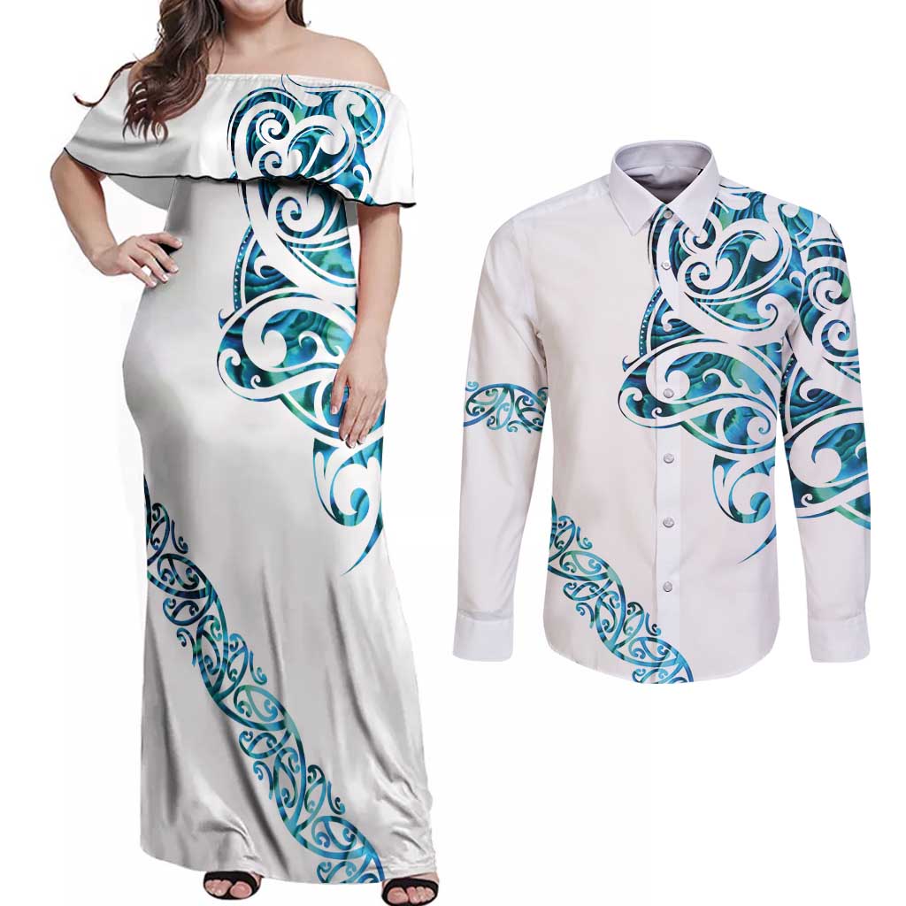 All White Maori Tribal Tattoo Personalised Couples Matching Off Shoulder Maxi Dress and Long Sleeve Button Shirt Polynesian Style LT9 White - Polynesian Pride