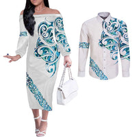All White Maori Tribal Tattoo Personalised Couples Matching Off The Shoulder Long Sleeve Dress and Long Sleeve Button Shirt Polynesian Style LT9 White - Polynesian Pride
