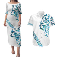 All White Maori Tribal Tattoo Personalised Couples Matching Puletasi and Hawaiian Shirt Polynesian Style LT9 White - Polynesian Pride