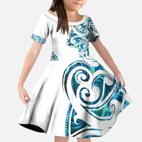 All White Maori Tribal Tattoo Personalised Family Matching Off The Shoulder Long Sleeve Dress and Hawaiian Shirt Polynesian Style LT9 Daughter's Dress White - Polynesian Pride