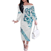 All White Maori Tribal Tattoo Personalised Family Matching Off The Shoulder Long Sleeve Dress and Hawaiian Shirt Polynesian Style LT9 Mom's Dress White - Polynesian Pride
