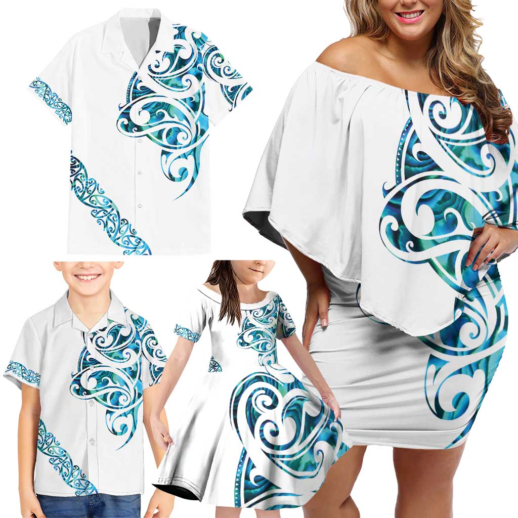 All White Maori Tribal Tattoo Personalised Family Matching Off Shoulder Short Dress and Hawaiian Shirt Polynesian Style
