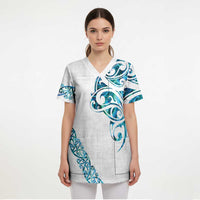 All White Maori Tribal Tattoo Personalised Scrub Top Polynesian Style - Polynesian Pride