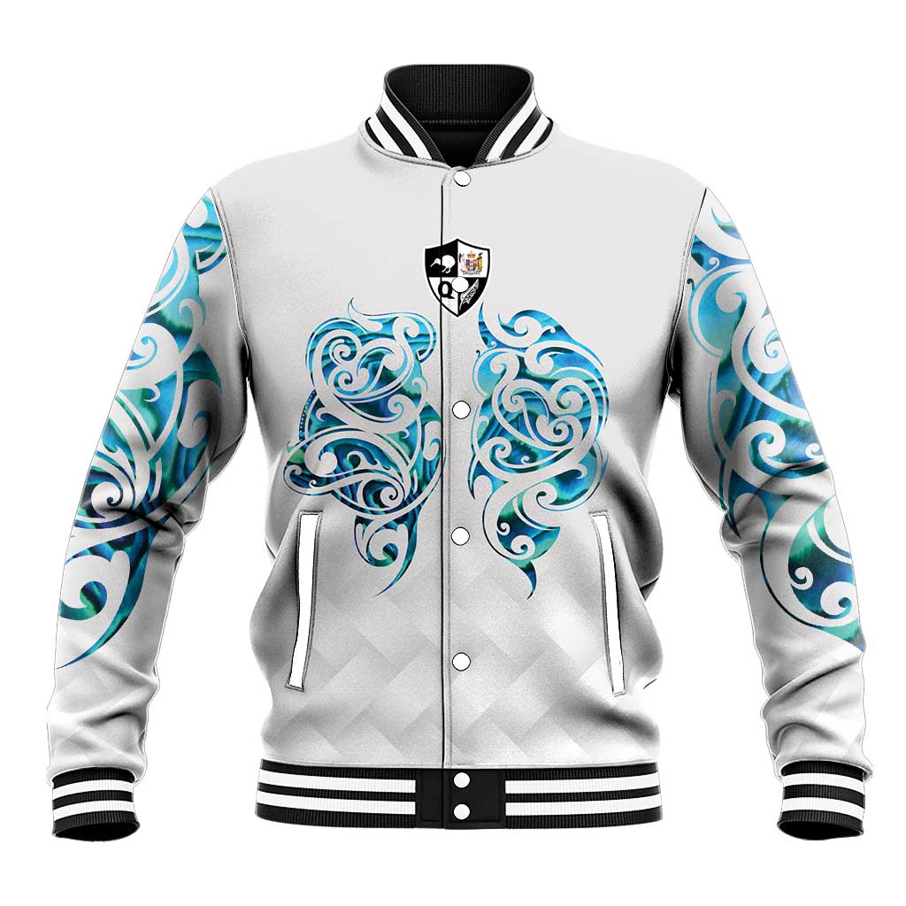 Queensland Maori Kiwi Personalised Baseball Jacket Ma Kakariki Papua Shell Maori Tribal Tattoo LT9 Unisex White - Polynesian Pride