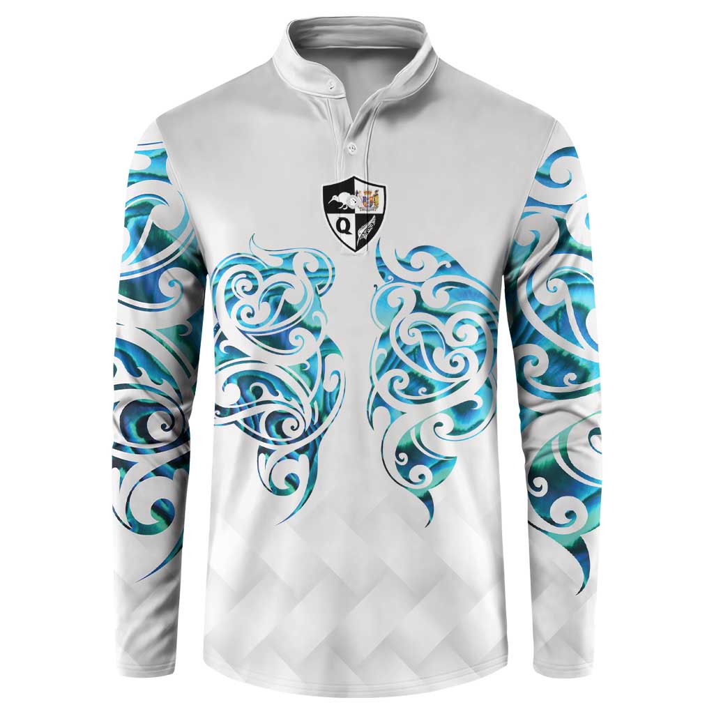 Queensland Maori Kiwi Personalised Button Sweatshirt Ma Kakariki Papua Shell Maori Tribal Tattoo LT9 White - Polynesian Pride