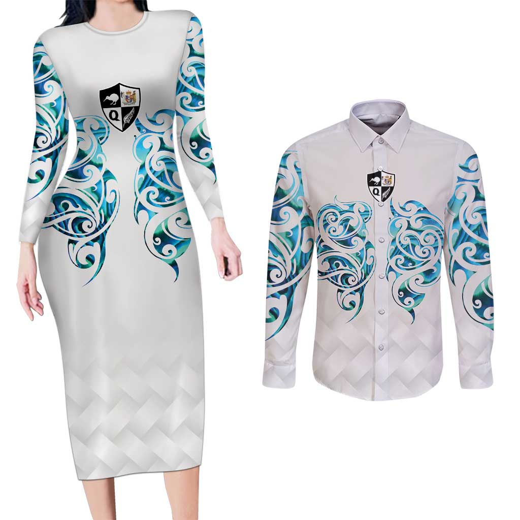 Queensland Maori Kiwi Personalised Couples Matching Long Sleeve Bodycon Dress and Long Sleeve Button Shirt Ma Kakariki Papua Shell Maori Tribal Tattoo LT9 White - Polynesian Pride