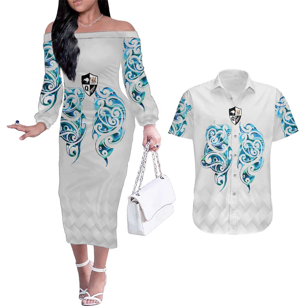 Queensland Maori Kiwi Personalised Couples Matching Off The Shoulder Long Sleeve Dress and Hawaiian Shirt Ma Kakariki Papua Shell Maori Tribal Tattoo