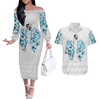 Queensland Maori Kiwi Personalised Couples Matching Off The Shoulder Long Sleeve Dress and Hawaiian Shirt Ma Kakariki Papua Shell Maori Tribal Tattoo