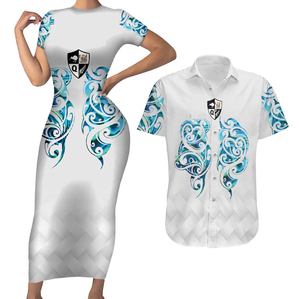 Queensland Maori Kiwi Personalised Couples Matching Short Sleeve Bodycon Dress and Hawaiian Shirt Ma Kakariki Papua Shell Maori Tribal Tattoo