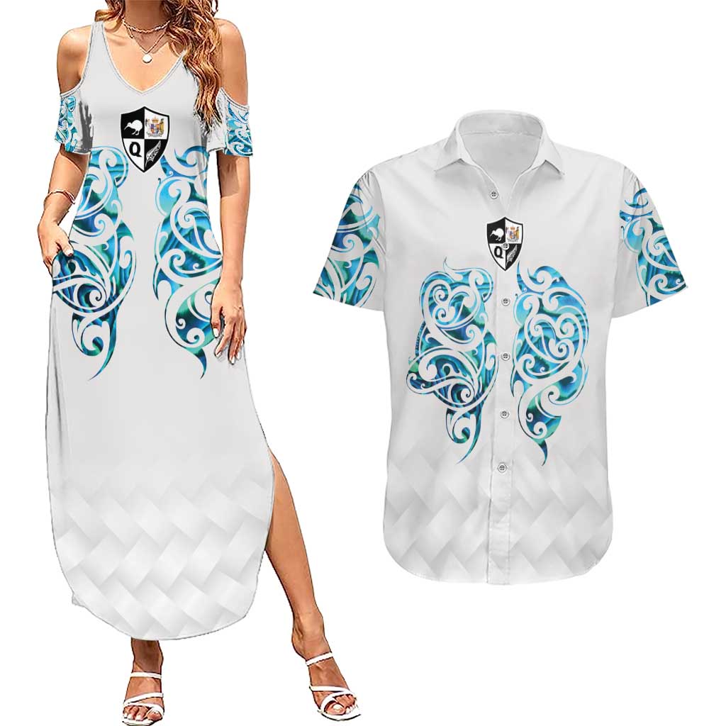 Queensland Maori Kiwi Personalised Couples Matching Summer Maxi Dress and Hawaiian Shirt Ma Kakariki Papua Shell Maori Tribal Tattoo