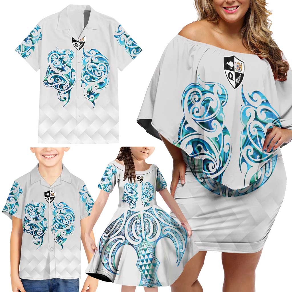Queensland Maori Kiwi Personalised Family Matching Off Shoulder Short Dress and Hawaiian Shirt Ma Kakariki Papua Shell Maori Tribal Tattoo