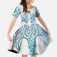 Queensland Maori Kiwi Personalised Family Matching Puletasi and Hawaiian Shirt Ma Kakariki Papua Shell Maori Tribal Tattoo LT9 Daughter's Dress White - Polynesian Pride