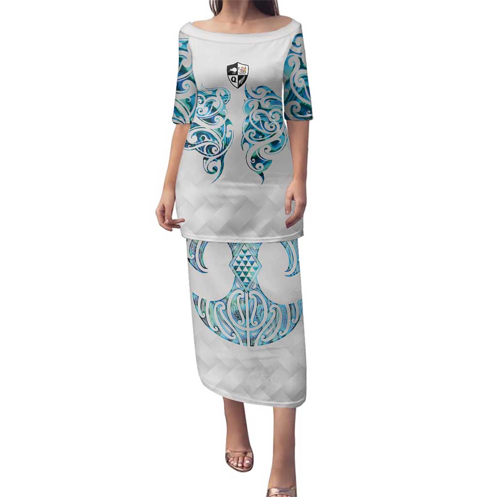 Queensland Maori Kiwi Personalised Family Matching Puletasi and Hawaiian Shirt Ma Kakariki Papua Shell Maori Tribal Tattoo LT9 Mom's Dress White - Polynesian Pride