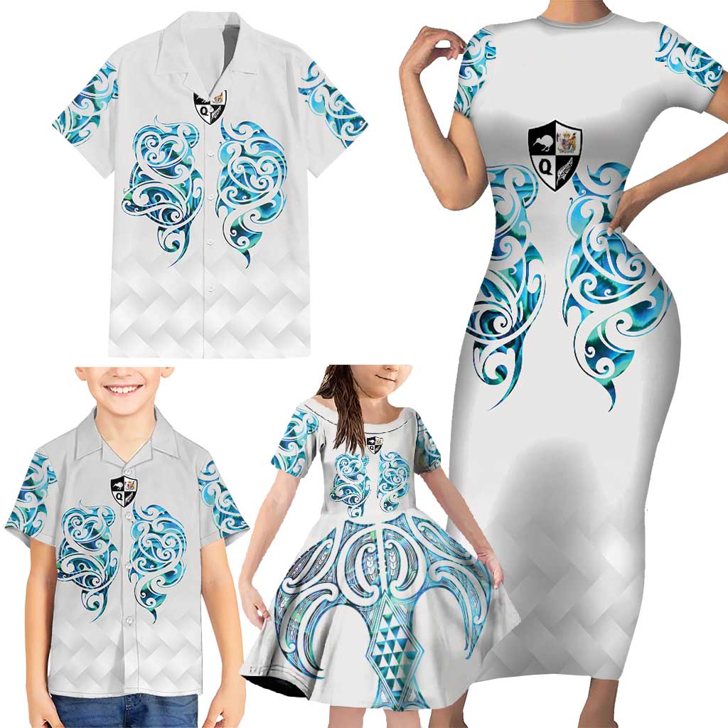 Queensland Maori Kiwi Personalised Family Matching Short Sleeve Bodycon Dress and Hawaiian Shirt Ma Kakariki Papua Shell Maori Tribal Tattoo