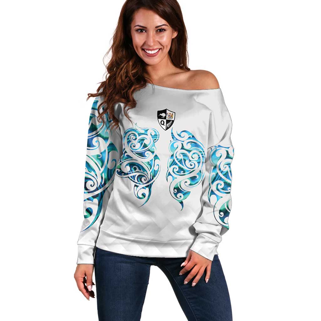 Queensland Maori Kiwi Personalised Off Shoulder Sweater Ma Kakariki Papua Shell Maori Tribal Tattoo