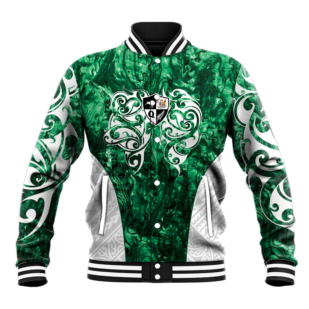 Queensland Maori Kiwi Personalised Baseball Jacket Kikirangi Papua Shell Maori Tribal Tattoo LT9 Unisex Green - Polynesian Pride