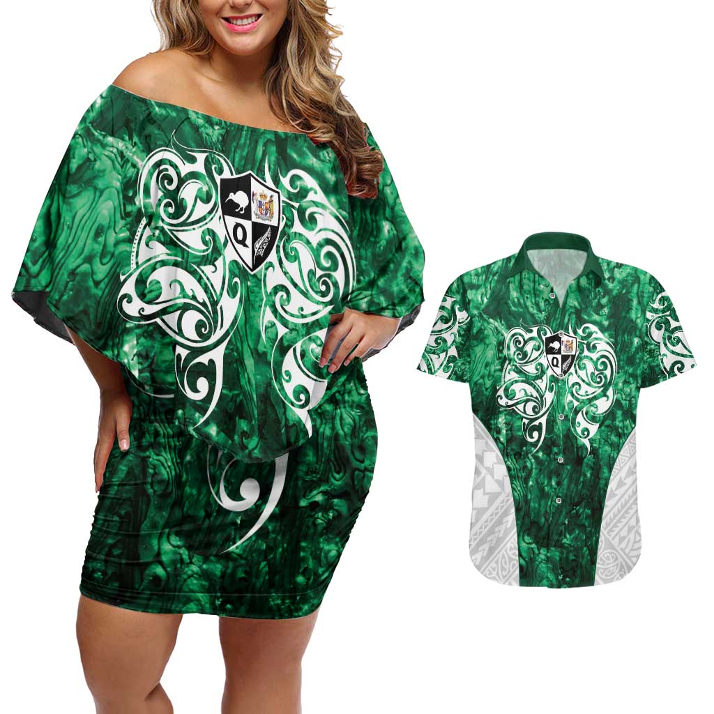 Queensland Maori Kiwi Personalised Couples Matching Off Shoulder Short Dress and Hawaiian Shirt Kikirangi Papua Shell Maori Tribal Tattoo