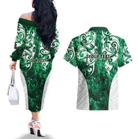 Queensland Maori Kiwi Personalised Couples Matching Off The Shoulder Long Sleeve Dress and Hawaiian Shirt Kikirangi Papua Shell Maori Tribal Tattoo